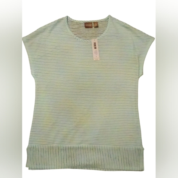 Chico's -NWT Shadow Striped Sleeveless Tunic Top, Lined Inside Front, White/Aqua - Picture 12 of 14